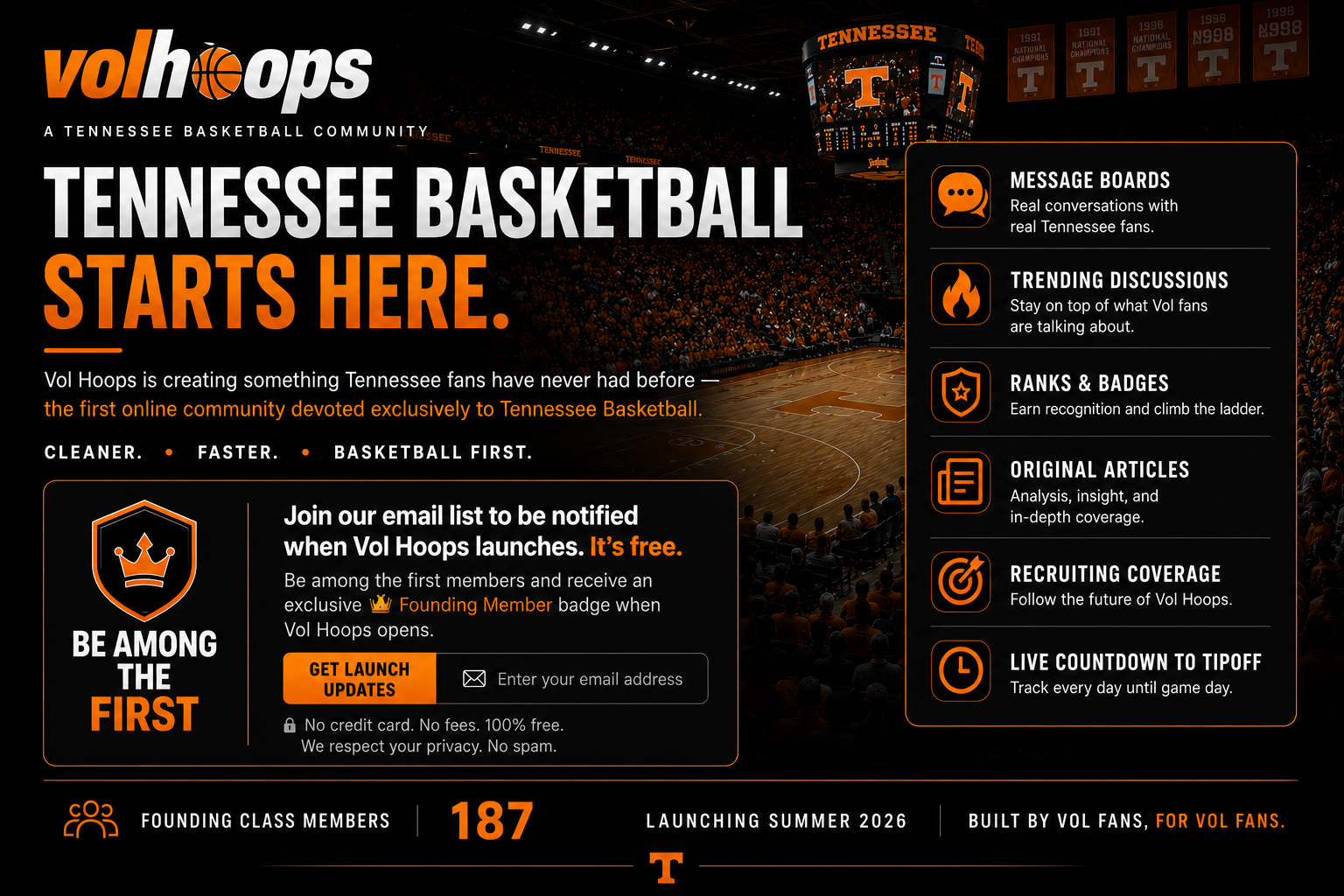 Vol Hoops: Tennessee Basketball Starts Here. Join the free launch update list and be among the first members.