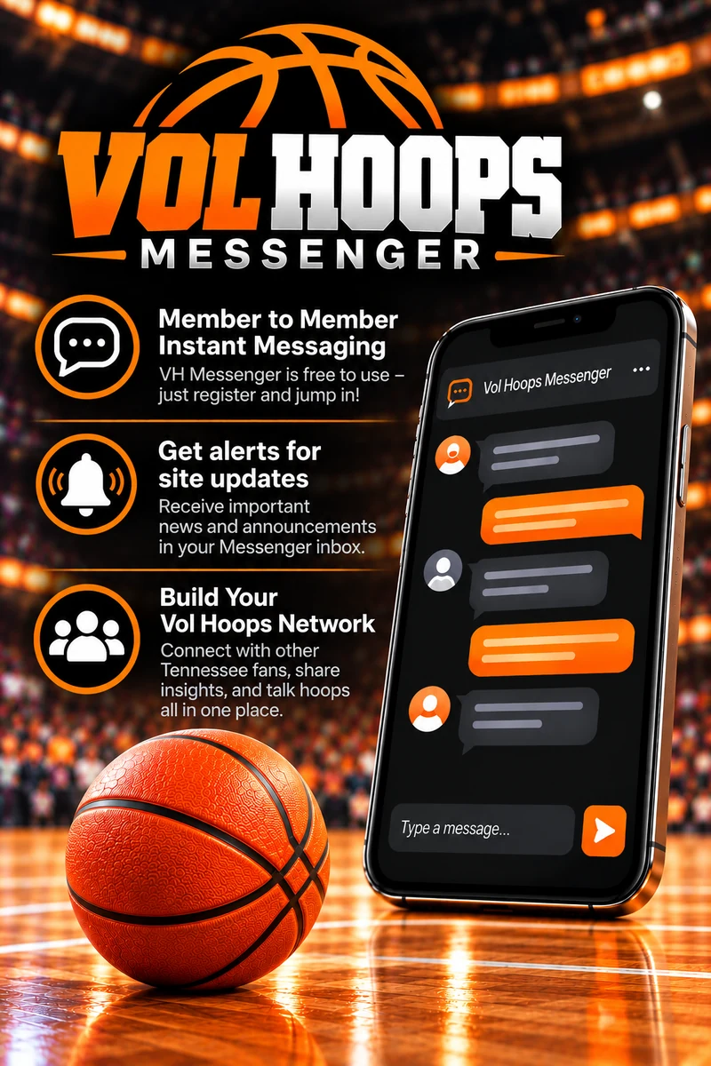 Vol Hoops Messenger: member-to-member instant messaging, future site-update alerts, and ways to connect with fellow Tennessee fans.